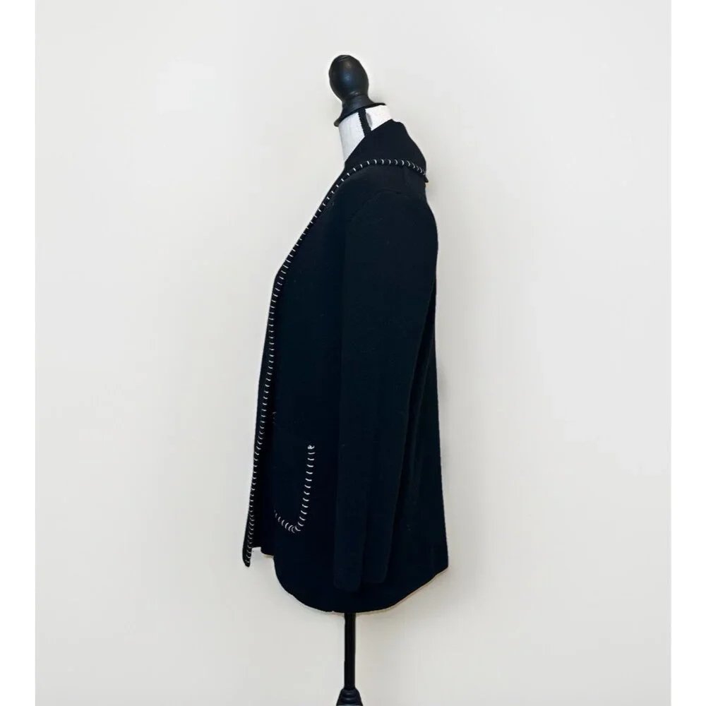 Magaschoni Sweater Women’s Large Black Cardigan White Stitch Trim Front Pockets - Picture 3 of 9